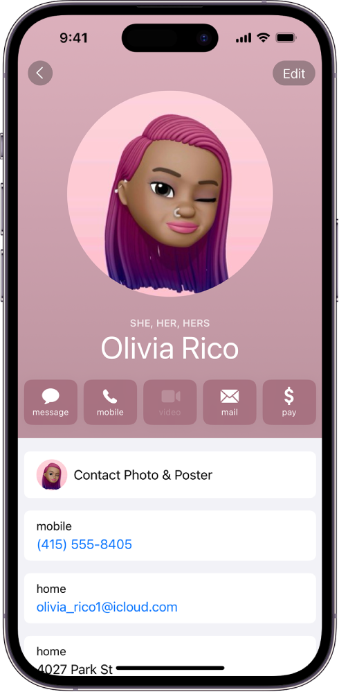 A contact named Olivia Rico with She, Her, and Hers pronouns below the contact photo. Below her name are buttons to send a message, call, mail, and use Apple Pay. At the bottom of the screen are the contact’s mobile number and email address.