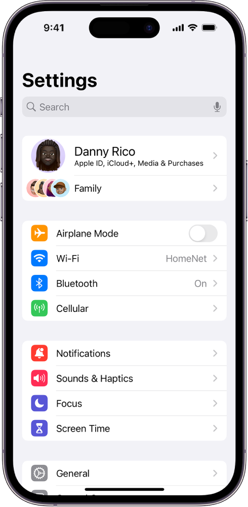 The Settings screen with the search field at the top and several settings below—such as Wi-Fi, Notifications, and Sounds & Haptics.