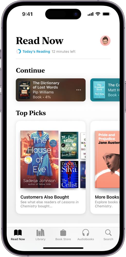 The Read Now screen in the Books app. At the bottom of the screen are, from left to right, the Read Now, Library, Book Store, Audiobooks, and Search tabs. The Read Now tab is selected.