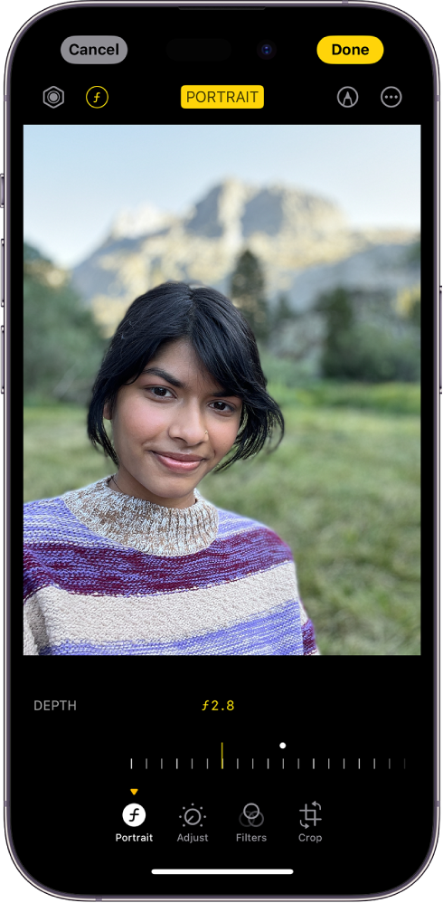 The Edit screen of a portrait in Photos. A portrait is in the center of the screen and below the photo is a slider to adjust the Depth Adjustment setting. Below the slider from left to right are the Portrait, Adjust, Filters, and Crop buttons. The Portrait button is selected.