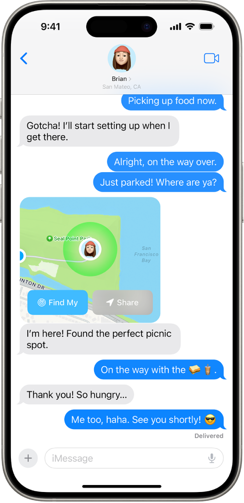 A conversation in the Messages app showing a participant’s location on a map.