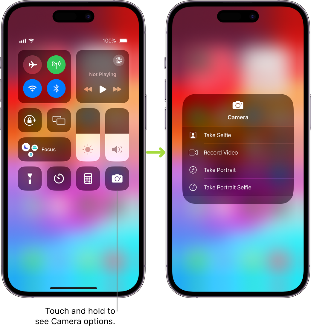 Two Control Center screens side by side—the one on the left shows controls for airplane mode, cellular data, Wi-Fi, and Bluetooth in the top-left group. The Camera icon is shown at the bottom right. The screen on the right shows more options in the quick actions menu for Camera: Take Selfie, Record Video, Take Portrait, and Take Portrait Selfie.