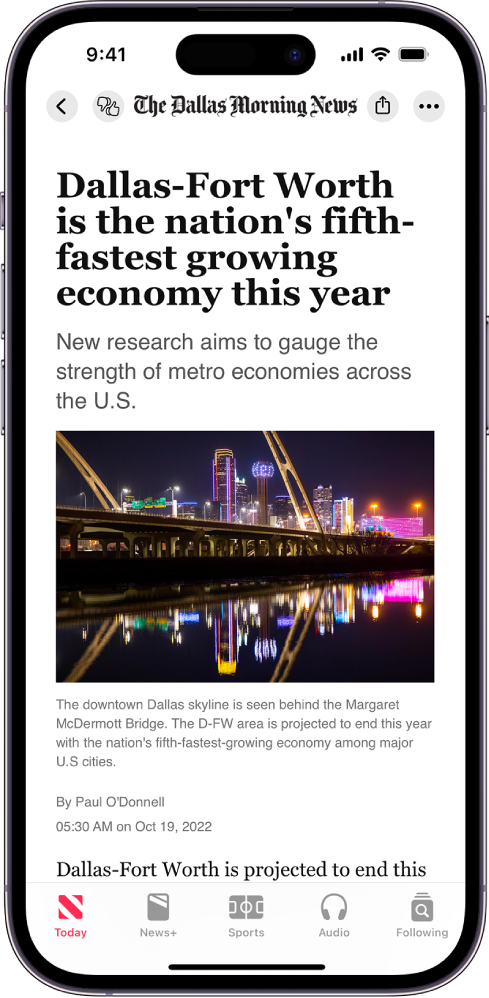 A news story in the News app. In the tabs across the bottom, Today is selected.