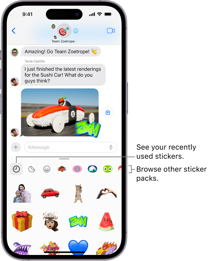 Stickers appear below a conversation. Each button across the top of the card opens a sticker pack.