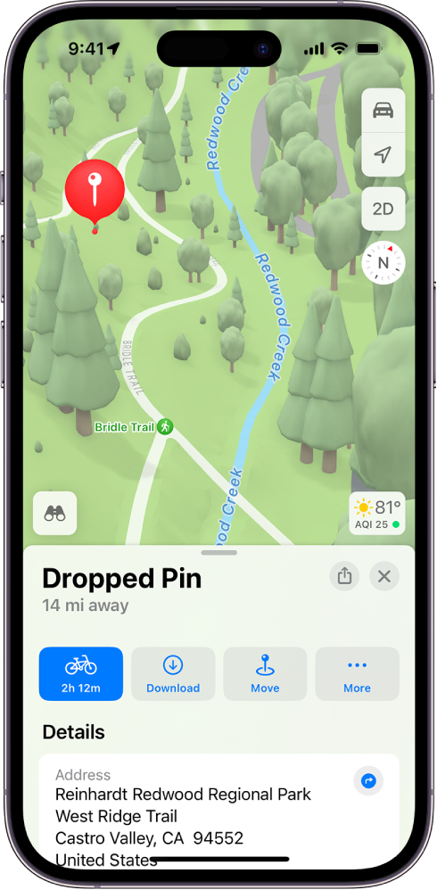 A map showing a dropped pin in a park. The card includes buttons to get directions to the pin, download its surrounding area, or move it.