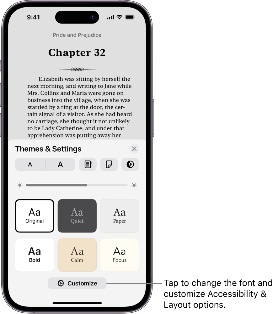 A page of a book in the Books app. The Themes & Settings options show controls for font size, scrolling view, page turn style, brightness, and font styles.