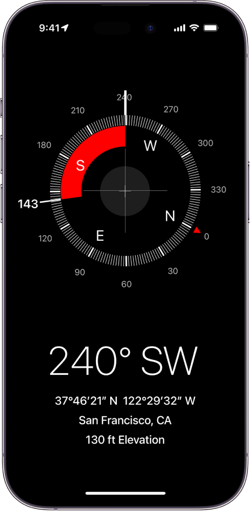 The Compass screen showing the direction iPhone is pointing, the current location, and elevation.
