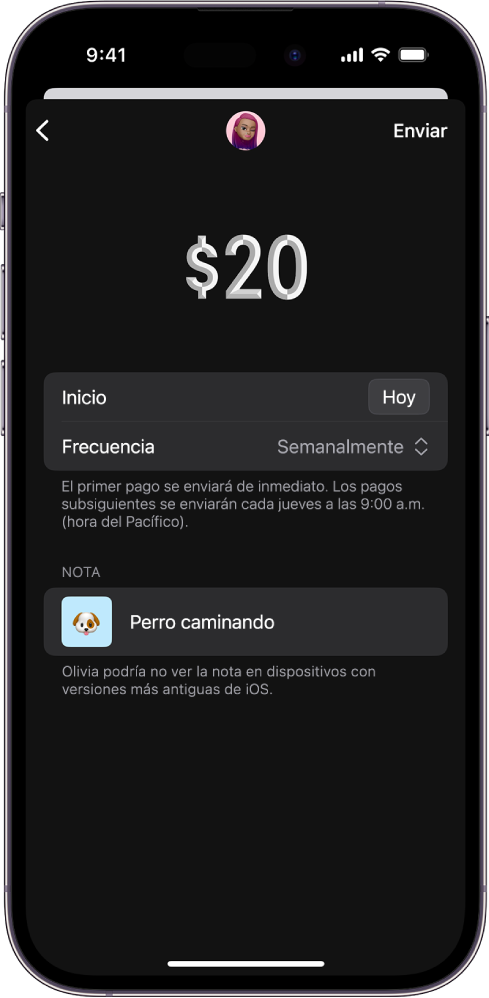 Una pantalla mostrando opciones para enviar un pago recurrente.