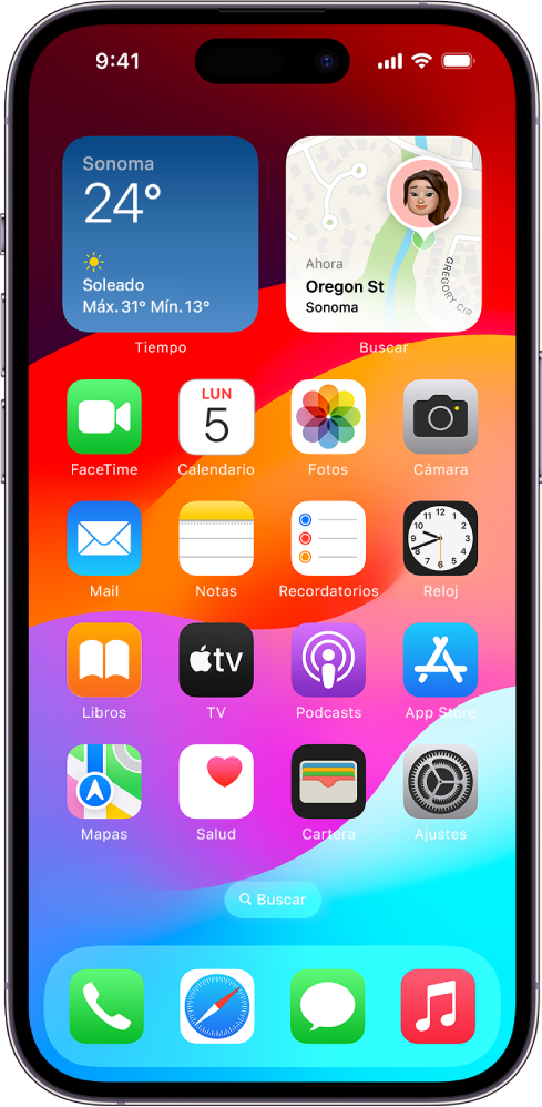 Pantalla de inicio con varios iconos de las apps, entre ellos el icono de la app Ajustes, que puedes tocar para modificar el volumen o el brillo de la pantalla del iPhone, entre otros ajustes.