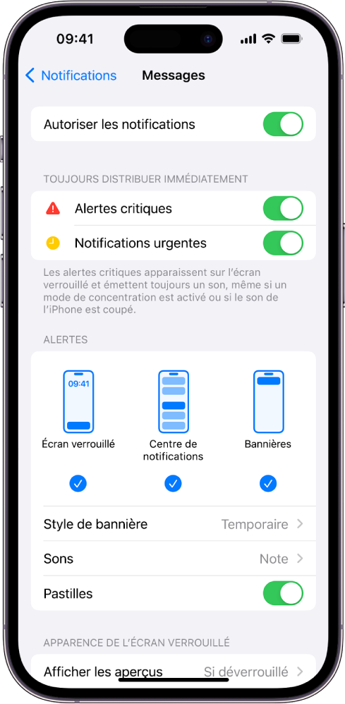 iPhone avec les réglages Messages pour les notifications et les alertes.