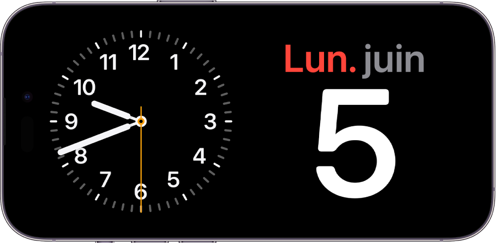 Un iPhone placé à l’horizontale. Le côté gauche de l’écran affiche une horloge et le côté droit indique la date.