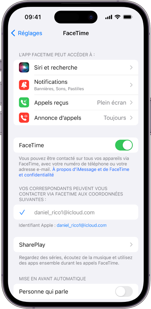 L’écran Réglages de FaceTime, avec le bouton d’activation ou de désactivation de FaceTime ainsi que le champ permettant de saisir votre identifiant Apple pour FaceTime.