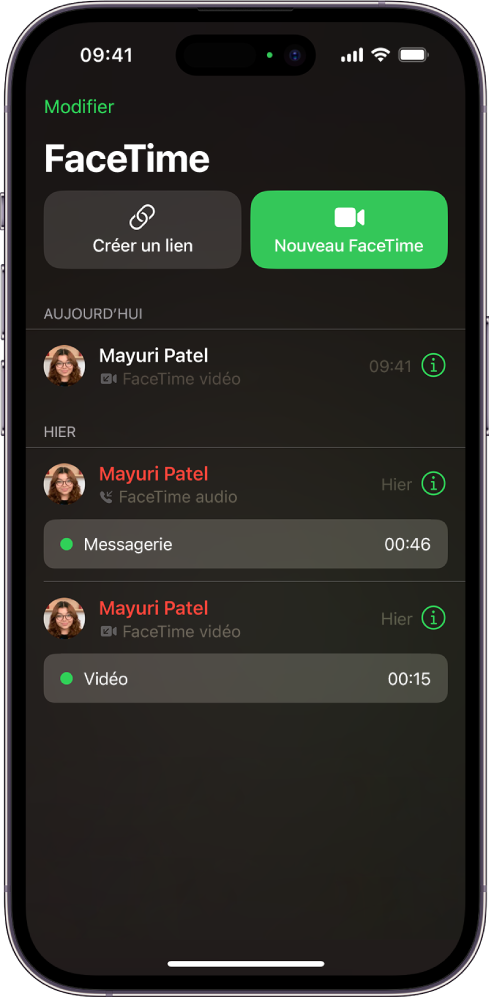 L’écran de démarrage d’un appel FaceTime, avec le bouton « Créer un lien » et le bouton « Nouveau FaceTime » pour lancer un appel FaceTime.