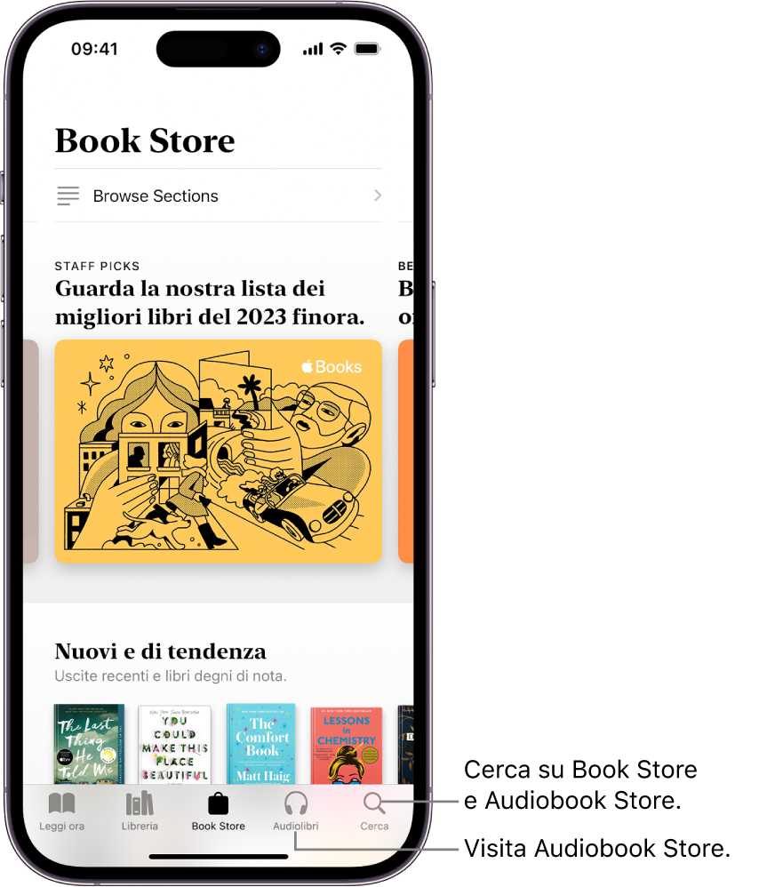 La schermata Book Store nell’app Libri. Nella parte inferiore dello schermo, da sinistra a destra, sono presenti le sezioni “Leggi ora”, Libreria, Book Store, Audiolibri e Cerca. Il pannello Book Store è selezionato.