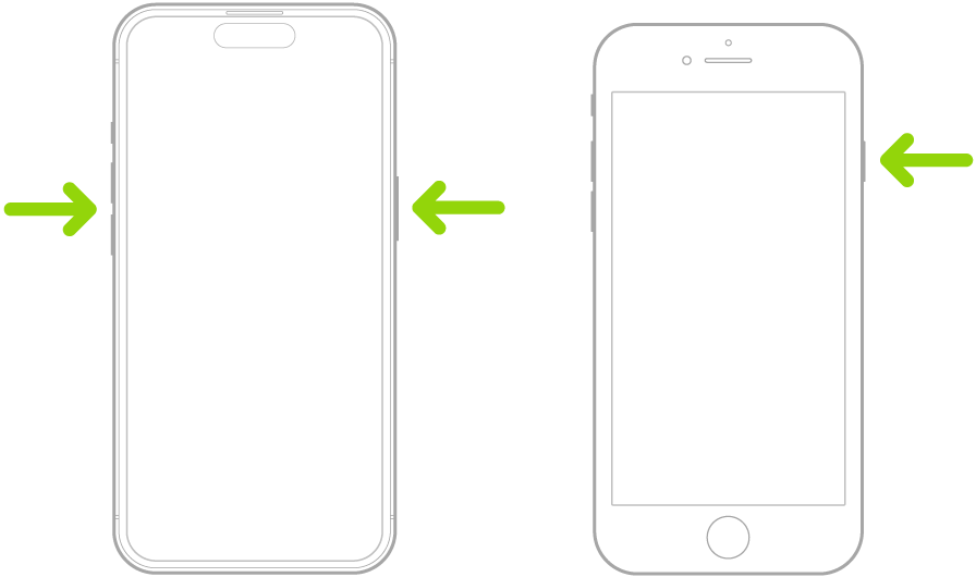 Skirtingų „iPhone“ modelių su į viršų nukreiptais ekranais iliustracijos. Kairiojoje iliustracijoje parodyti garsumo didinimo ir mažinimo mygtukai kairėje įrenginio pusėje bei šoninis mygtukas dešinėje. Labiausiai į kairę nutolusioje iliustracijoje parodytas šoninis mygtukas įrenginio dešinėje.