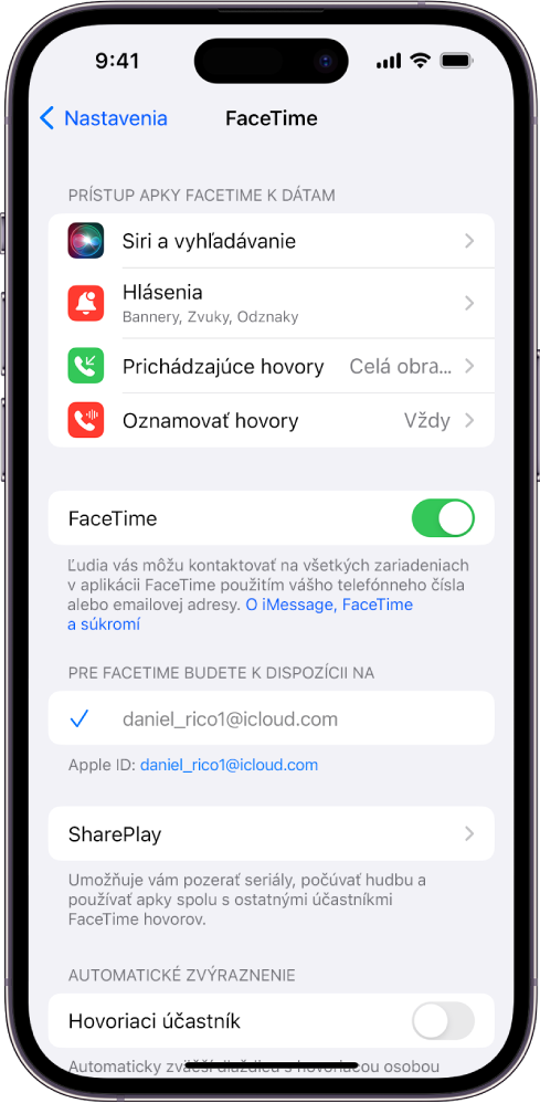 Obrazovka nastavení apky FaceTime zobrazujúca prepínač na zapnutie alebo vypnutie apky FaceTime a pole, do ktorého zadáte svoje Apple ID pre FaceTime.