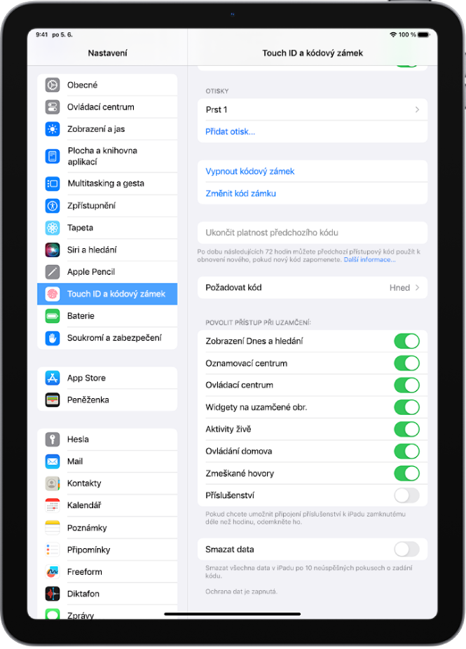 Nastavení Touch ID a kód s volbami pro povolení přístupu ke konkrétním funkcím, když je iPad zamknutý