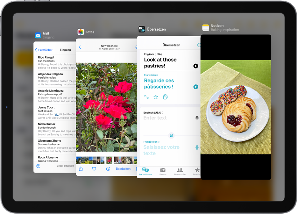 Vier geöffnete Apps in Slide Over-Fenstern: „Mail“, „Fotos“, „Übersetzen“ und „Notizen“.