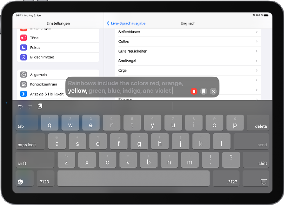 Die Funktion „Live-Sprachausgabe“ auf dem iPad liest alle eingegebenen Texte laut vor.