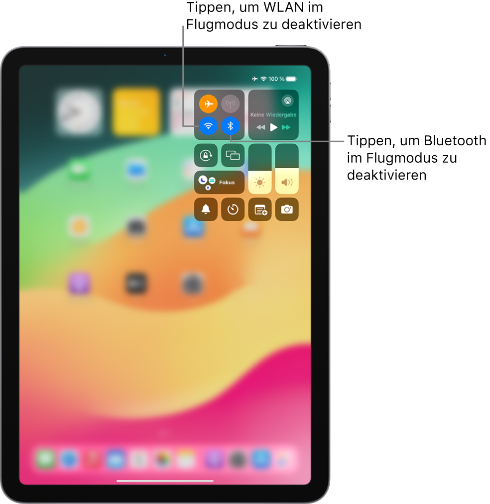Das iPad-Kontrollzentrum zeigt, dass „Flugmodus“ aktiviert ist. Die Tasten zum Deaktivieren von „WLAN“ und „Bluetooth“ befinden links oben im Kontrollzentrum. Tippe auf das Symbol „Bluetooth“, um Bluetooth im Flugmodus zu deaktivieren. Tippe auf das Symbol „WLAN“, um WLAN im Flugmodus zu deaktivieren.