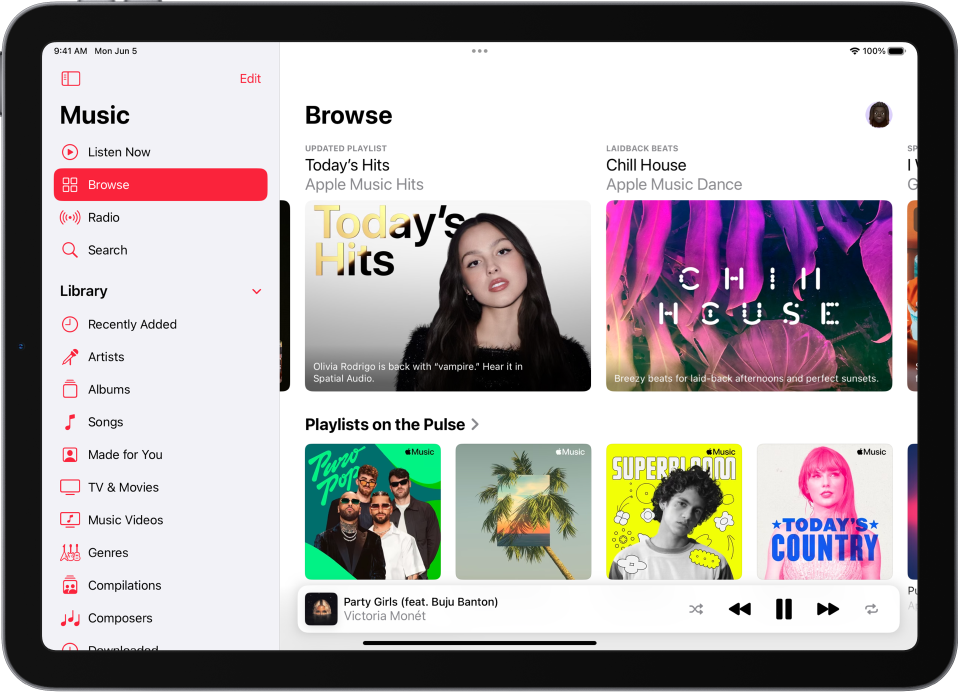 The Browse screen showing the sidebar on the left and the Browse section at the right. The Browse screen shows featured music at the top. Swipe left to see featured music and videos. A Playlists on the Pulse section appears below, showing four Apple Music stations.