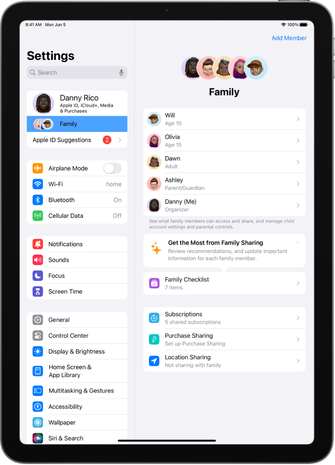 The Family Sharing screen in Settings. Five family members are listed above the features that are shared.