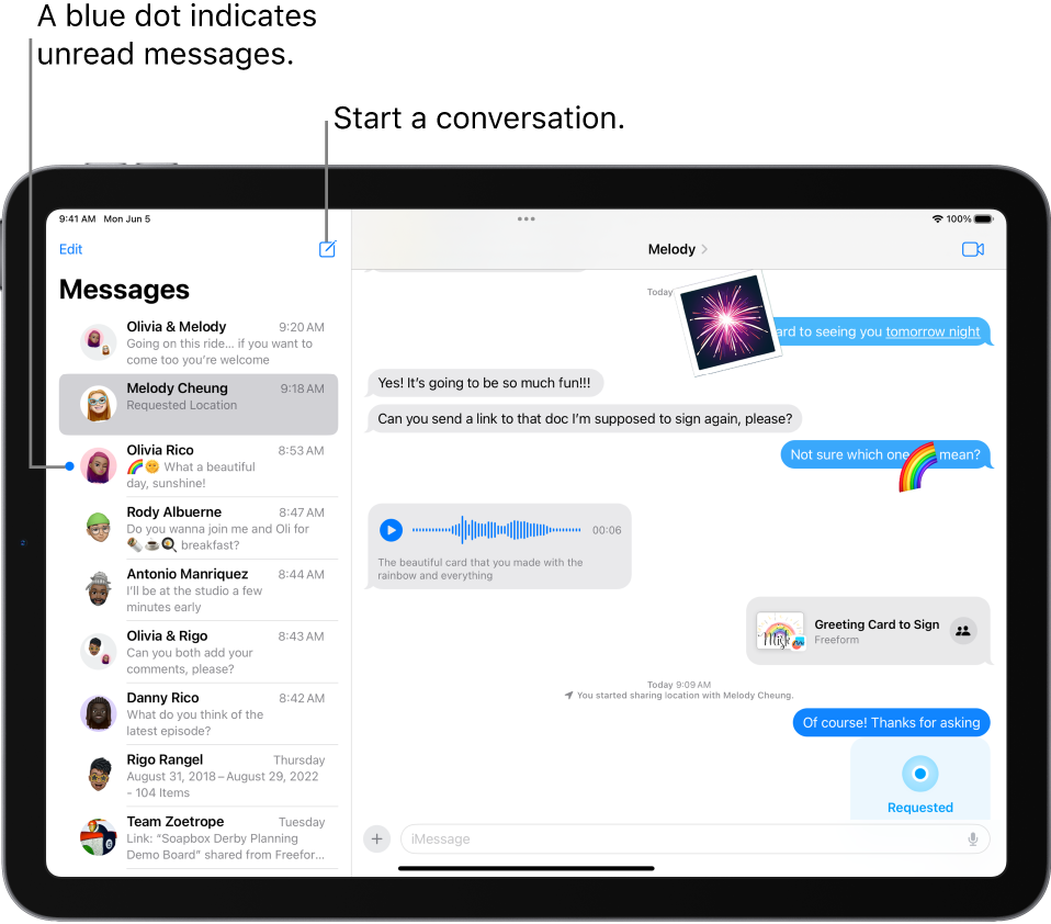 The conversation list on the left and a conversation on the right. Tap the Compose button at the top right of the conversation list to start a new message. A blue dot to the left of a message indicates it’s unread.