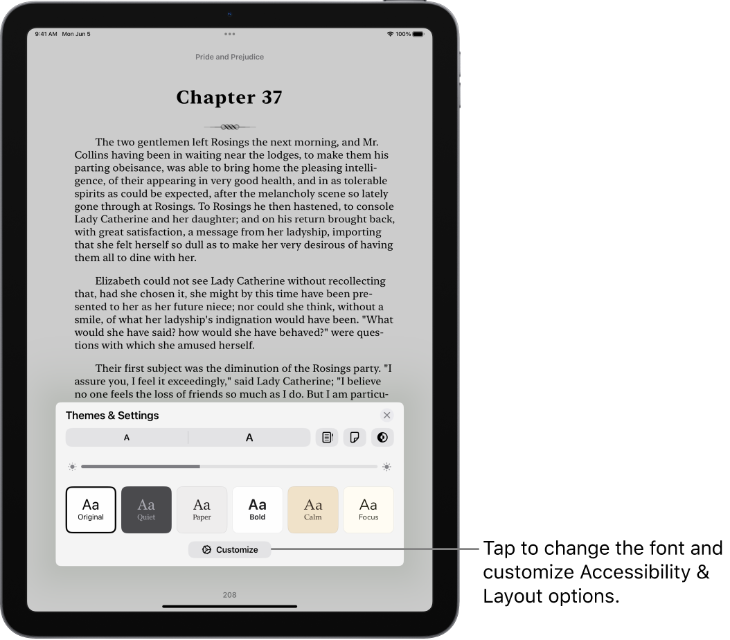 A page of a book in the Books app. The Themes & Settings options show controls for font size, scrolling view, page turn style, brightness, and font styles.