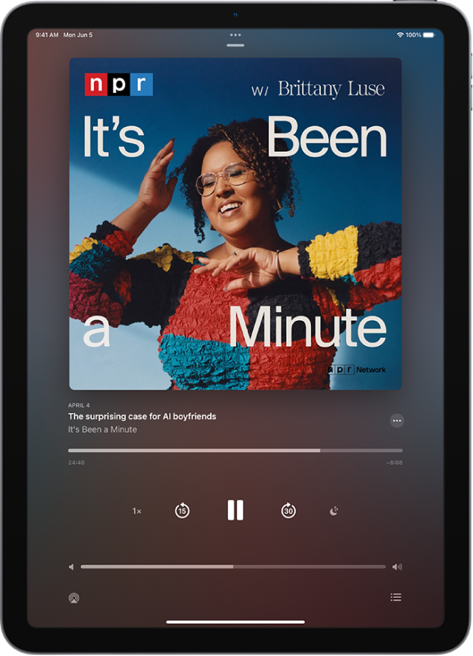 The Now Playing screen in the Podcasts app, showing the podcast artwork, the episode title, the playback controls, and the volume slider. At the bottom of the screen is the AirPlay icon and the Playing Next button.