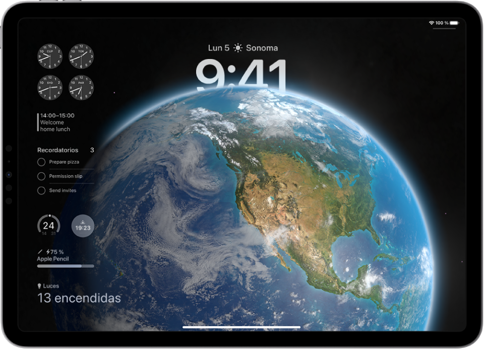 Pantalla de bloqueo del iPad con una foto de la Tierra que ocupa toda la pantalla. A la izquierda están los widgets de Reloj, Calendario, Recordatorios, Tiempo y la batería del Apple Pencil.