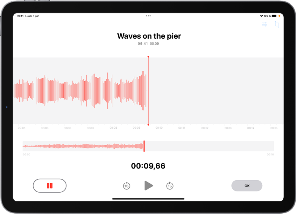 Enregistrement Dictaphone affichant une forme d’onde de l’enregistrement en cours, avec un indicateur de temps et un bouton permettant de mettre l’enregistrement en pause.