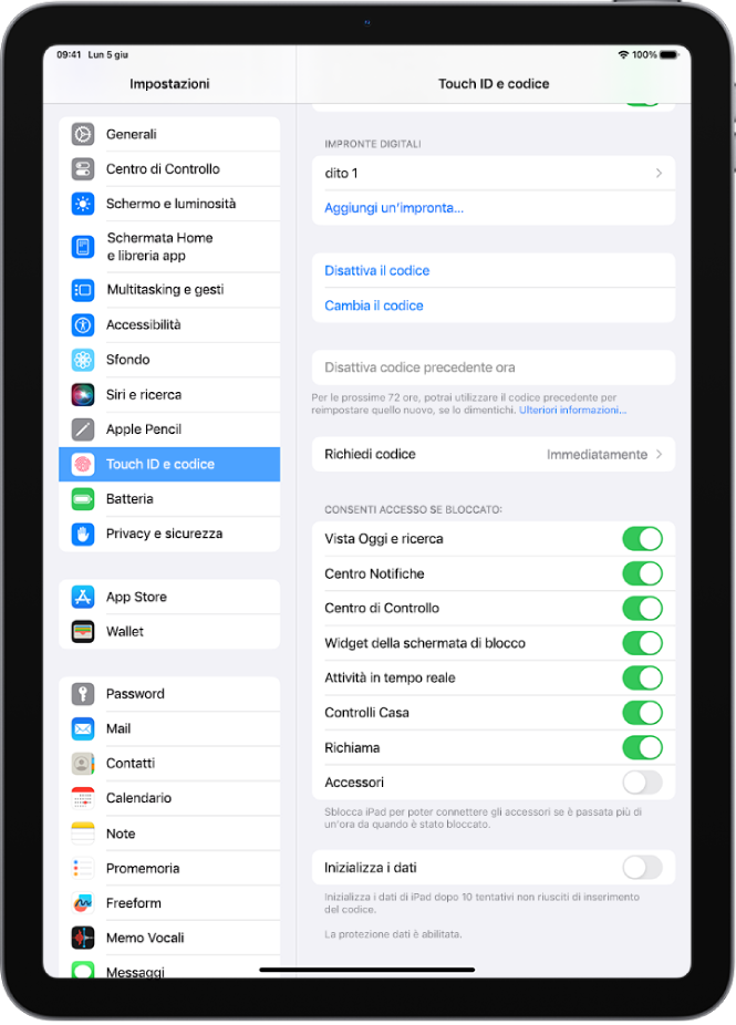 Le impostazioni “Touch ID e codice” con le opzioni per consentire l’accesso a determinate funzionalità quando iPad è bloccato.