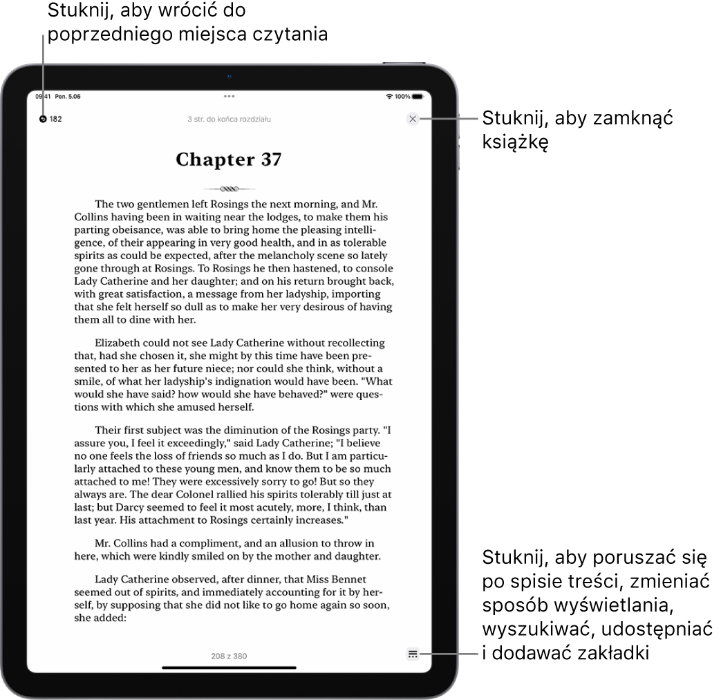 Strona książki w aplikacji Książki. Na górze ekranu widoczne są przyciski pozwalające na powrót do strony, od której rozpoczęto czytanie, oraz na zamknięcie książki. W prawym dolnym rogu ekranu znajduje się przycisk Menu.