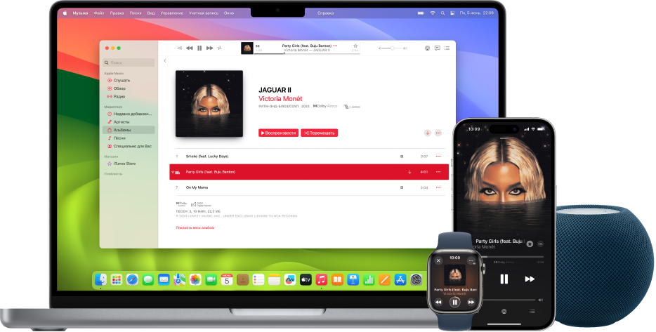 Песня воспроизводится на Mac, iPhone и Apple Watch через HomePod.