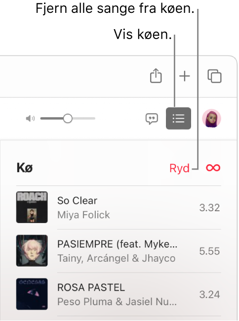 Knappen Kø øverst til højre i Apple Music er valgt, og køen kan ses. Klik på linket Ryd øverst på listen for at fjerne alle sange fra køen.