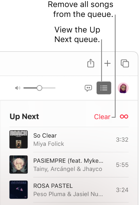 The Up Next button at the top-right corner of Apple Music is selected and the queue is visible. Click the Clear link at the top of the list to remove all songs from the queue.