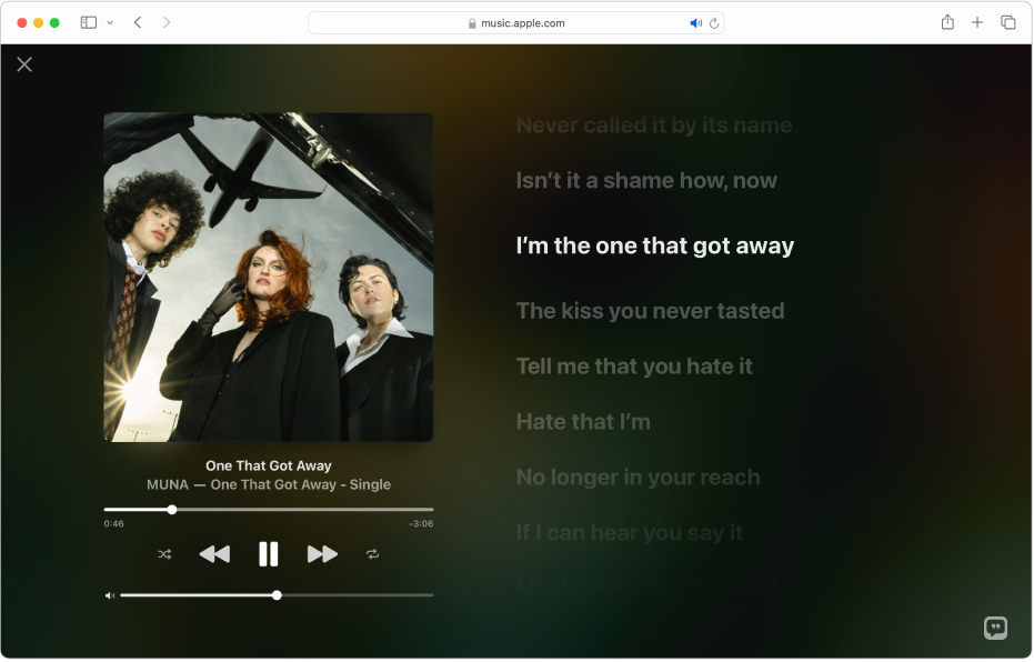 The Full Screen Player with a song playing and lyrics on the right, which appear on-screen in time with the music.