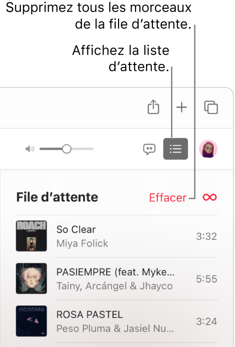 Le bouton Suivant est sélectionné en haut à droite d’Apple Music et la file d’attente est visible. Cliquez sur le lien Effacer en haut de la liste pour supprimer tous les morceaux de la file d’attente.