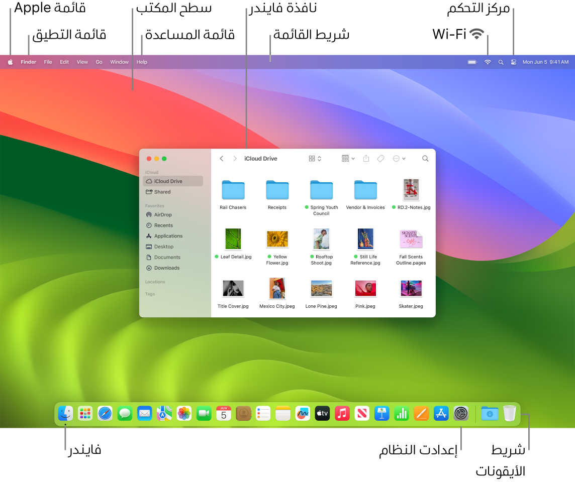 شاشة Mac تعرض قائمة Apple وسطح المكتب وقائمة المساعدة ونافذة فايندر وشريط القائمة وأيقونة Wi-Fi وأيقونة مركز التحكم وأيقونة فايندر وأيقونة إعدادات النظام وشريط الأيقونات.