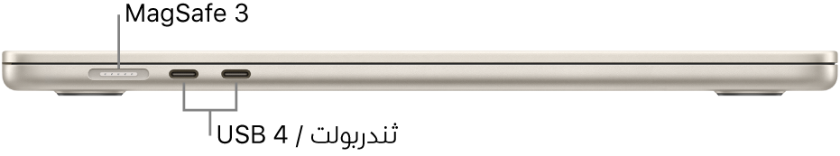 عرض للجانب الأيسر من MacBook Air مع وسائل شرح لمنافذ MagSafe 3 وثندربولت / USB 4.