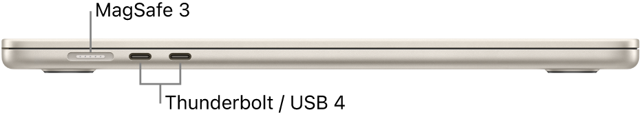 Изглед отляво на MacBook Air с надписи за портове MagSafe 3 и Thunderbolt / USB 4.