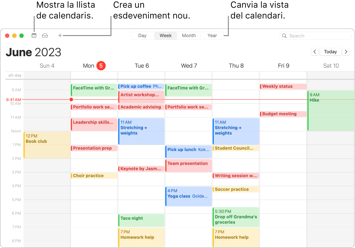 Una finestra de l’app Calendari on es mostra la llista de calendaris, com crear un esdeveniment, com mostrar la llista de calendaris i com seleccionar la vista Dia, Setmana, Mes o Any.
