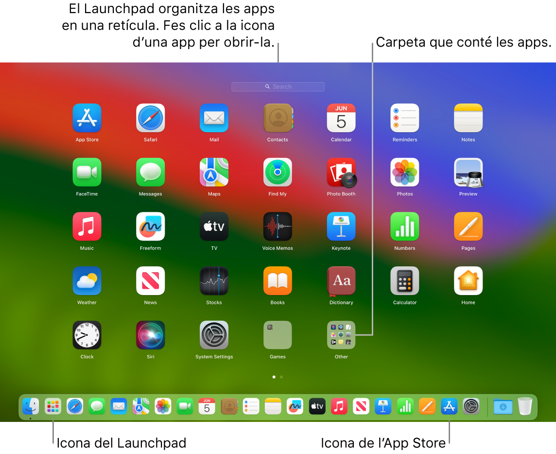 Una pantalla de Mac amb el Launchpad obert mostrant una carpeta d’apps al Launchpad i la icona del Launchpad i de l’App Store al Dock.