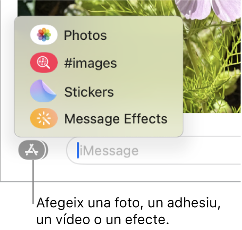 El menú d’apps amb les opcions per mostrar fotos, adhesius, GIF i efectes de missatge.