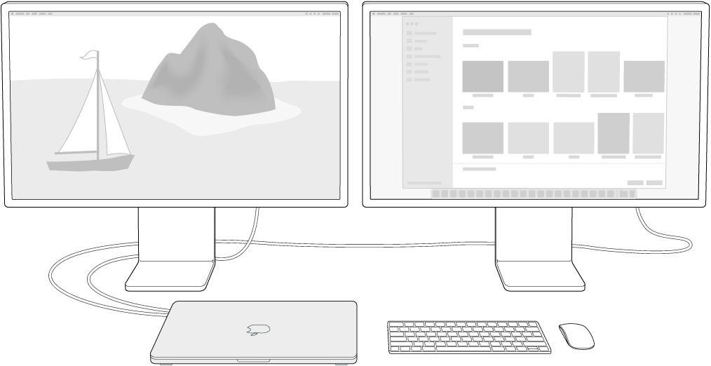 MacBook Air vedle dvou monitorů Studio Display použitých jako externí monitory