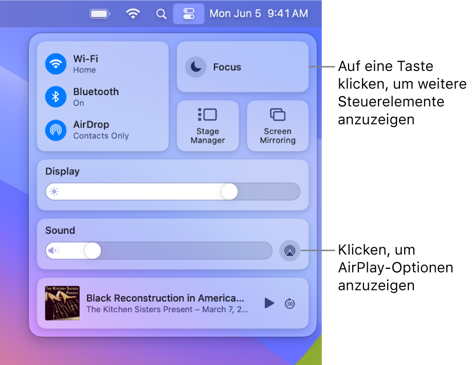 Vergrößerte Darstellung des Kontrollzentrums auf dem Mac mit Beschriftung der Taste „Monitor“.