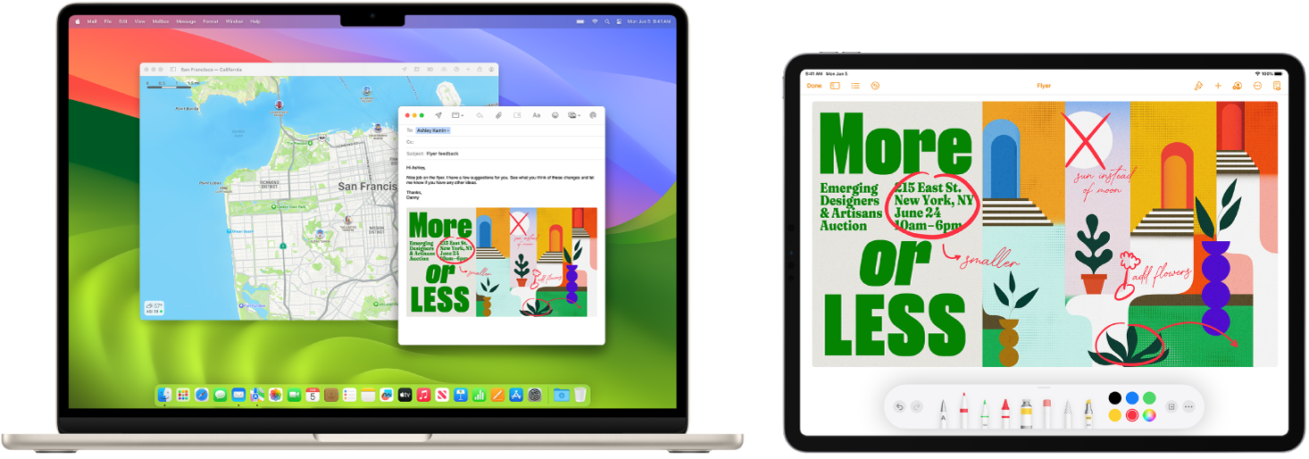 Ένα MacBook Air και ένα iPad το ένα δίπλα στο άλλο. Η οθόνη του iPad στην οποία εμφανίζεται ένα διαφημιστικό φυλλάδιο με σχολιασμούς. Στην οθόνη του MacBook Air εμφανίζεται ένα μήνυμα Mail με το σχολιασμένο διαφημιστικό φυλλάδιο από το iPad ως συνημμένο.