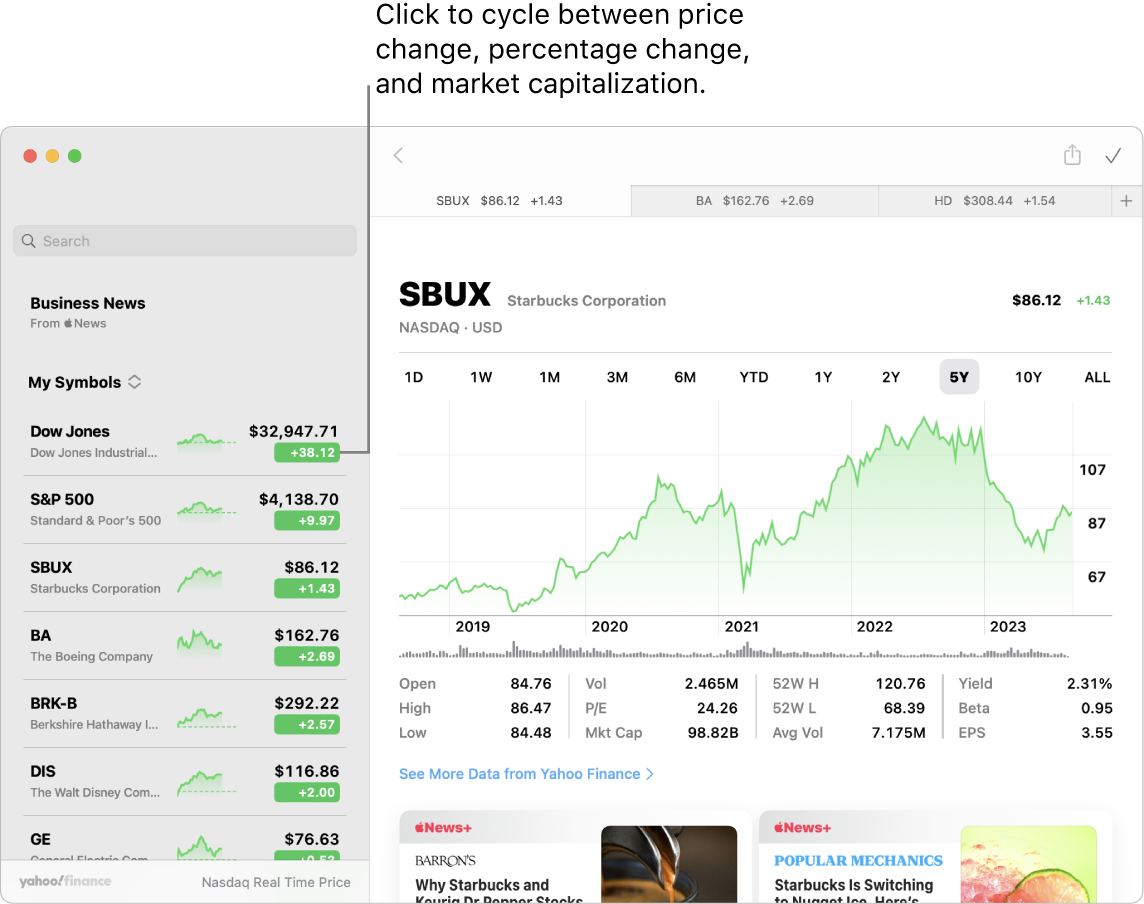 A Stocks screen showing information and stories about the selected stock, with the callout “Click to cycle between price change, percentage change, and market capitalization.”