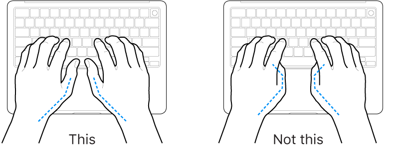 Hands positioned over a keyboard, showing correct and incorrect placement of thumbs.