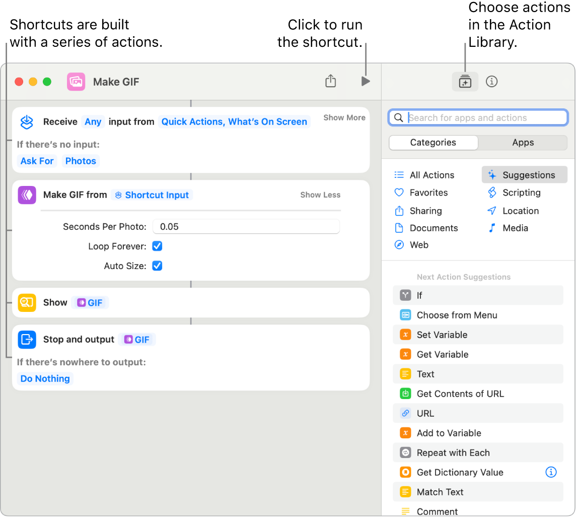 The Make GIF shortcut editor on the left and the action library on the right.